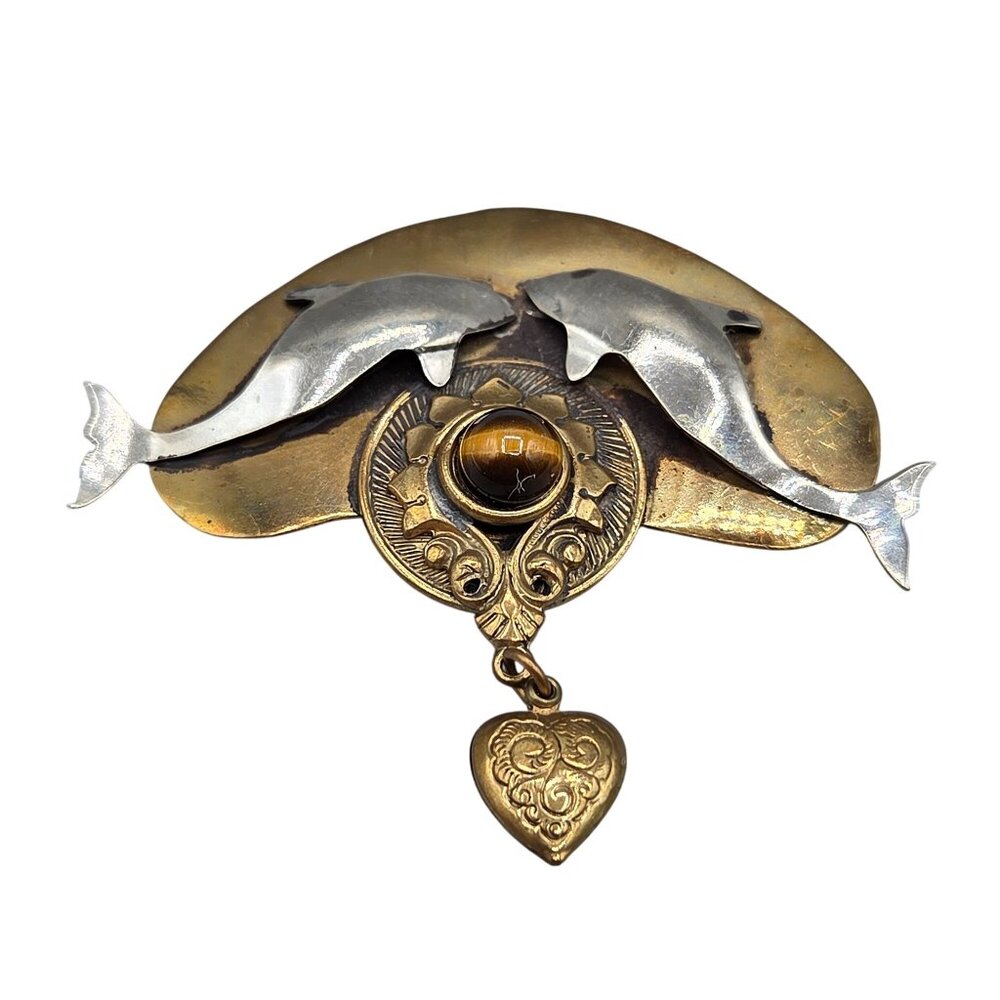 Vintage Mixed Metals Dolphin Brooch Tigers Eye Stone Dangling Heart Charm